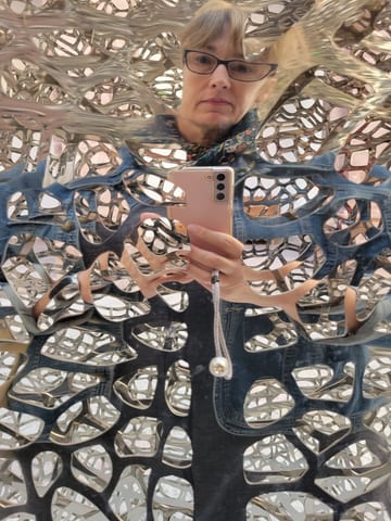 Stacy taking a mirror selfie inside a lacy metal art installation