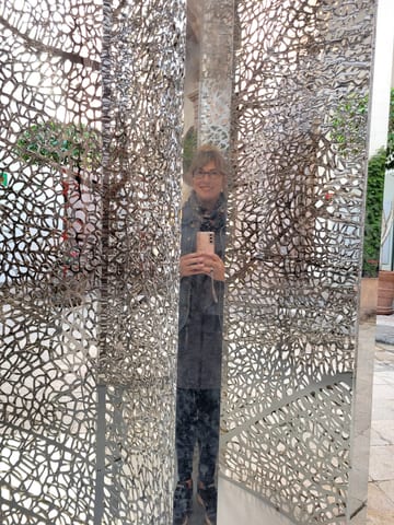 Stacy standing inside a perforated metal art installation