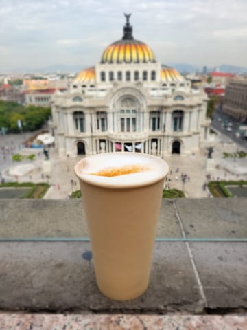 A takeaway coffee cup overlooking a historic domed building